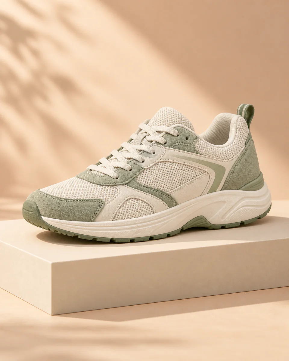 A cream and sage sneaker photographed on a sculptural studio display