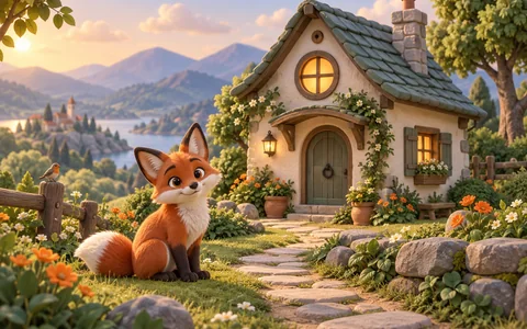 A rounded clay-style 3D fox and cottage with soft light and tactile materials.