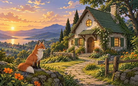 Anime illustration of a red fox beside a cottage, with cel shading and a glowing sunset.