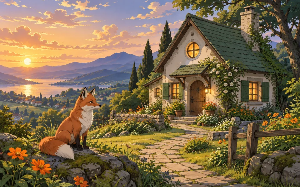 Anime illustration of a red fox beside a cottage, with cel shading and a glowing sunset.