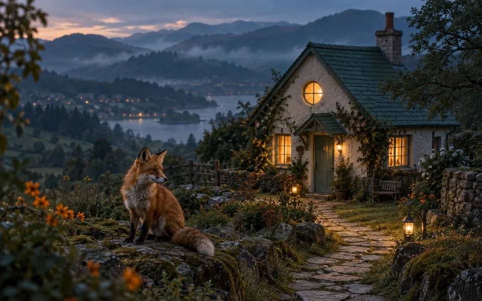 Cinematic fox and cottage scene with atmospheric light and photographic detail.