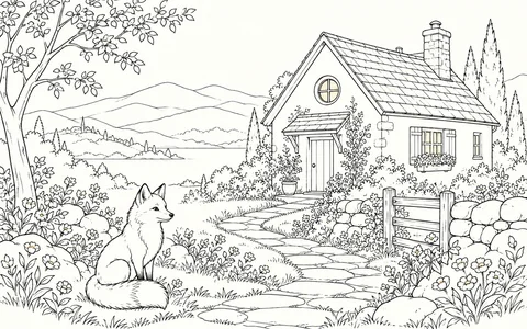 Monochrome line drawing of a fox and cottage with clean outlines on white.
