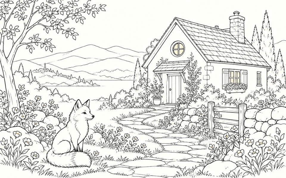 Monochrome line drawing of a fox and cottage with clean outlines on white.