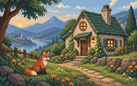 Pixel art fox and cottage built from crisp square pixels and a limited palette.