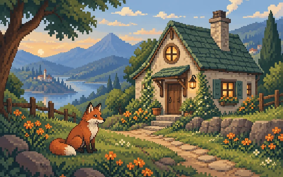 Pixel art fox and cottage built from crisp square pixels and a limited palette.