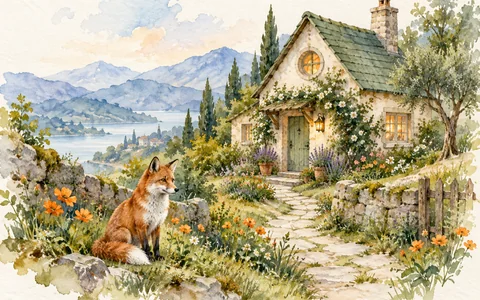 Watercolor painting of a fox and cottage with soft pigment washes and textured paper.