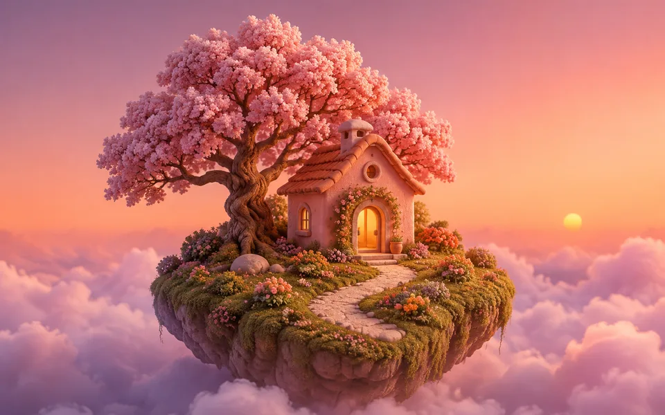 An imaginary pink cottage and flowering tree on a floating island above lavender clouds.