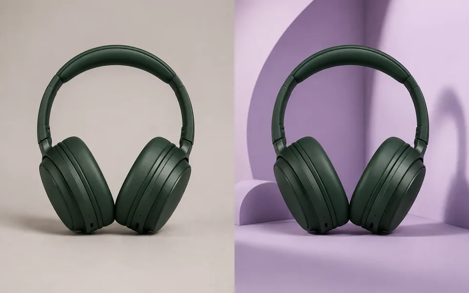 Green headphones on a plain backdrop, then in a lavender studio setting.