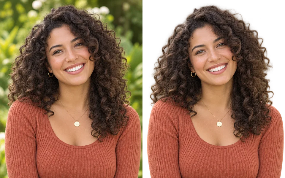 A woman against a garden background, then the same portrait with the background removed.