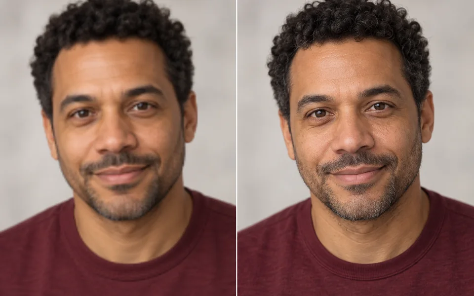 The same man with soft facial details on the left and clearer eyes, hair and skin texture on the right.