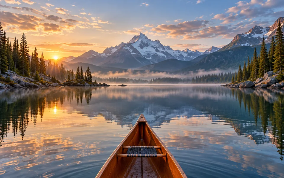 A lake and canoe with a marked original portrait crop and scenery extending beyond both sides.