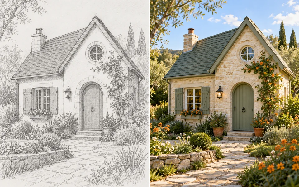 A pencil sketch of a garden cottage beside a finished realistic image of the same building.