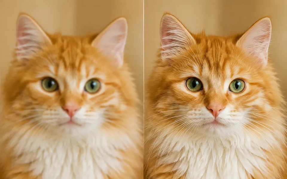 A blurry orange kitten portrait next to a clear version with detailed fur and whiskers.