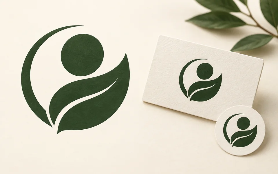 An original geometric leaf emblem shown on a cream business card and round sticker.