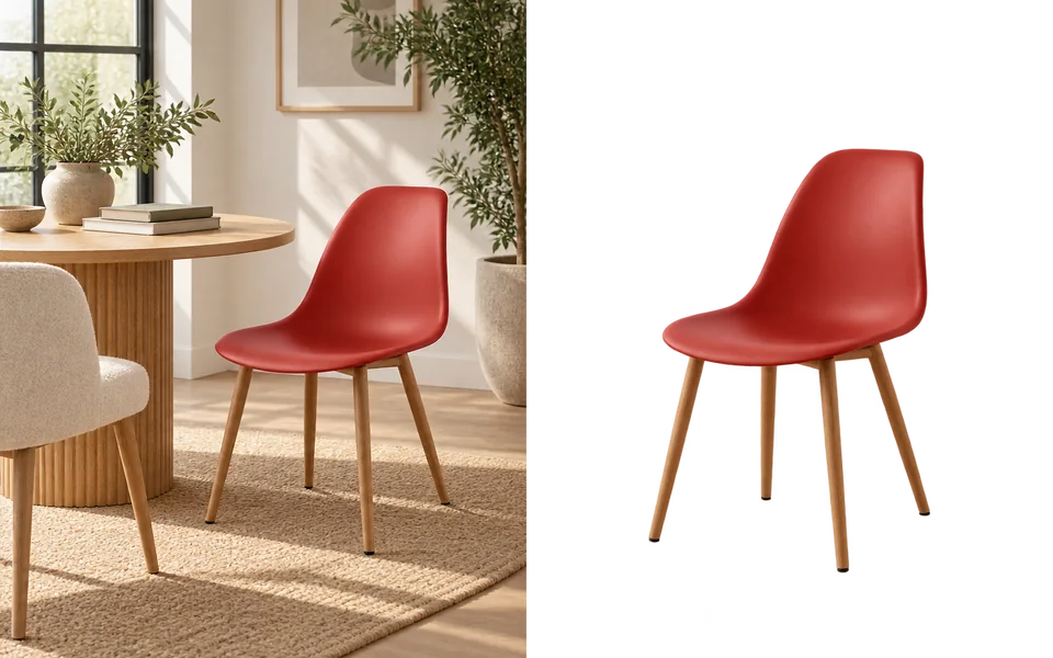 A red chair in a furnished room, then the same chair isolated with a transparent background.