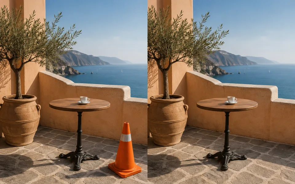 A seaside terrace with an orange traffic cone, then the same terrace with the cone removed.