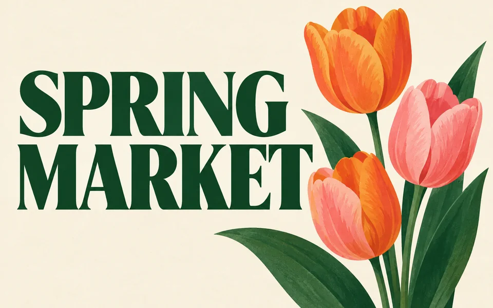 Spring Market poster template with botanical shapes and headline typography