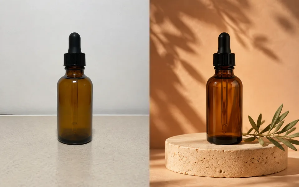 A bottle before and after a styled product photo
