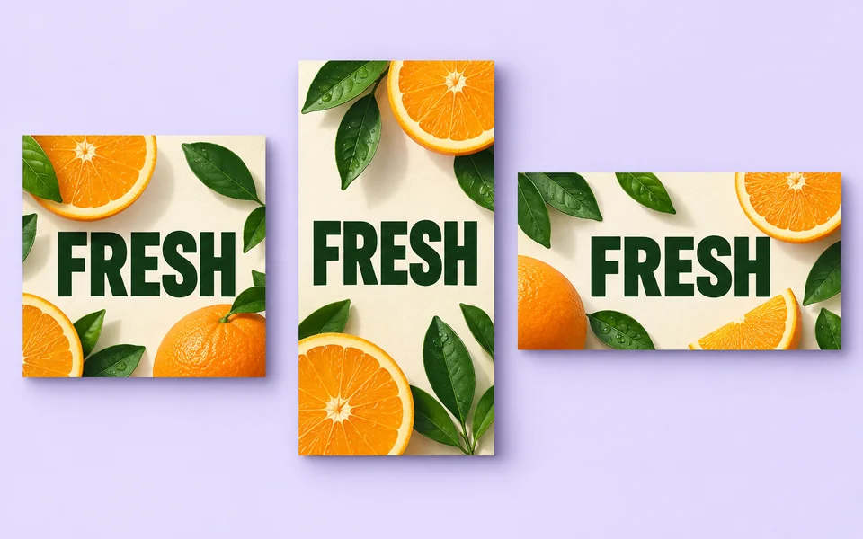 Coordinated orange-and-leaf graphics arranged as a square post, vertical story and horizontal banner.