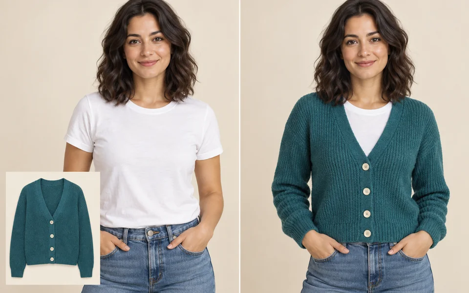 A woman in a white T-shirt with a teal cardigan reference, then the same woman wearing that cardigan.