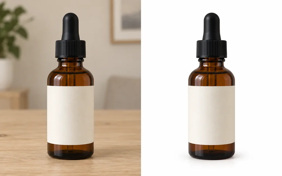 Illustrative product photo transformation: an amber bottle on a table and the same bottle on a pure white background.