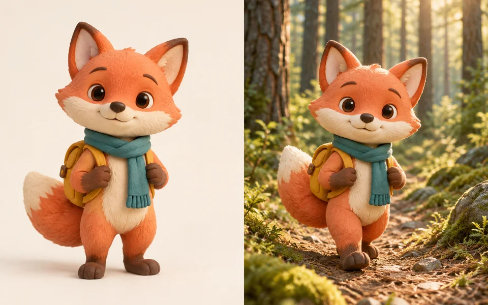 Illustrative character workflow: an orange fox mascot with a teal scarf and the same character in a forest scene.