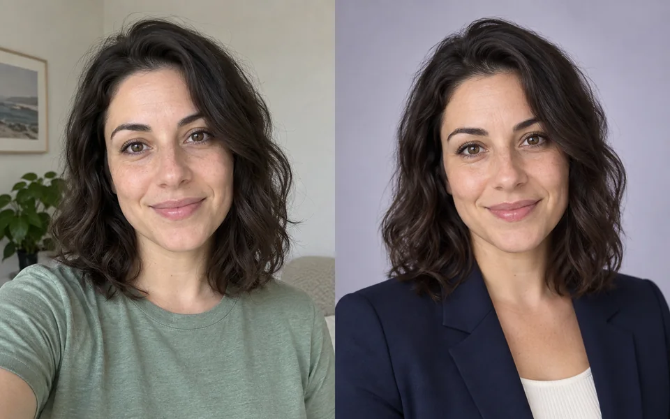 Illustrative headshot transformation: a casual selfie and a studio portrait of the same woman in a navy blazer.