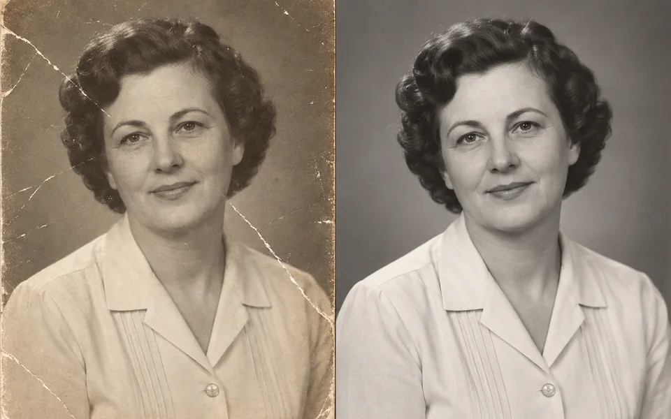 A scratched vintage portrait beside a cleaned, restored portrait of the same woman.