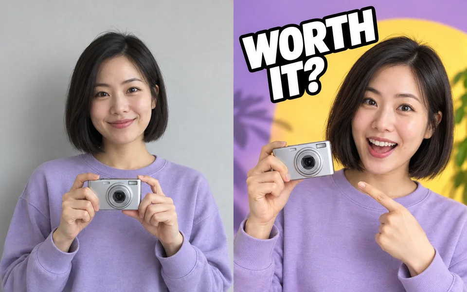 Illustrative thumbnail transformation: a creator holding a camera and a designed video cover with a short headline.